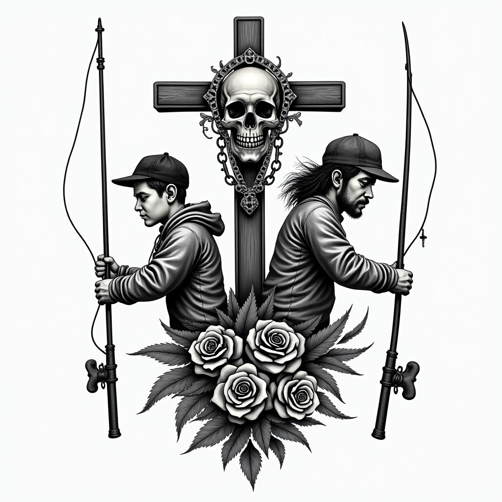 Father and son fishing fishing polesin chicano style tattoo, featuring intricate black and grey shading, bold elements of traditional chicano culture symbols, add a big cross with skull, chains and roses - Variation 2
