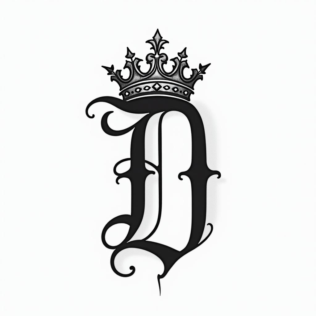 The letter D in fancy cursive with a king crownminimalist text-based tattoo, Monospace font ultra-realistic, perfectly placed, high-quality font design, photo-realistic shading, 8k, high quality, finely detailed typograph - Variation 3
