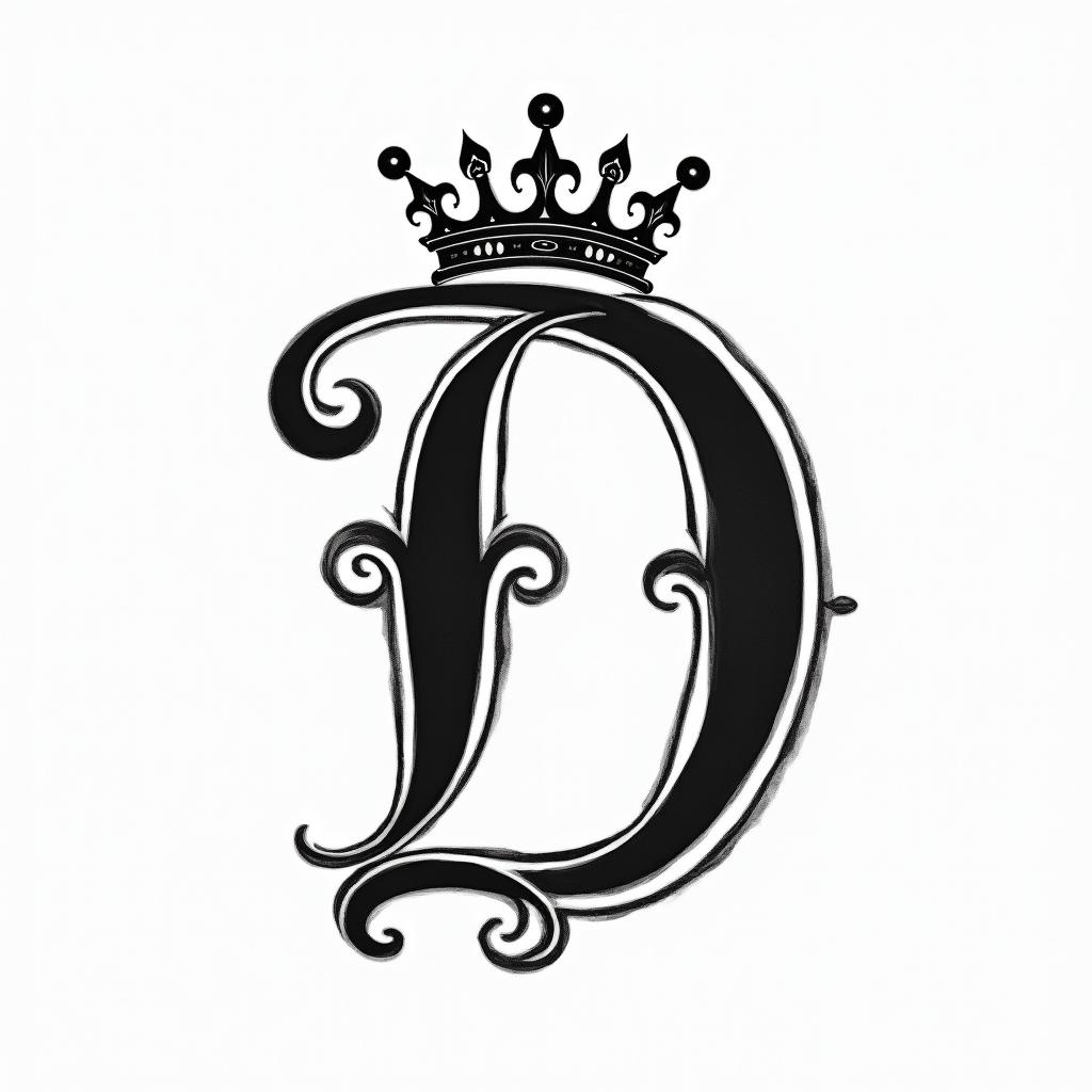 The letter D in fancy cursive with a king crownminimalist text-based tattoo, Monospace font ultra-realistic, perfectly placed, high-quality font design, photo-realistic shading, 8k, high quality, finely detailed typograph - Variation 4