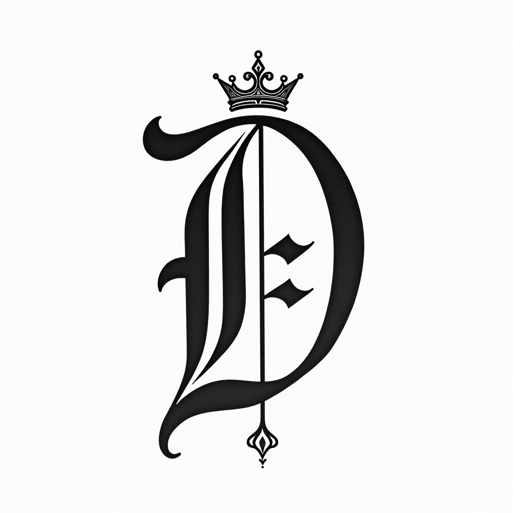 The letter D in fancy cursive with a king crownminimalist text-based tattoo, Monospace font ultra-realistic, perfectly placed, high-quality font design, photo-realistic shading, 8k, high quality, finely detailed typograph - Variation 2