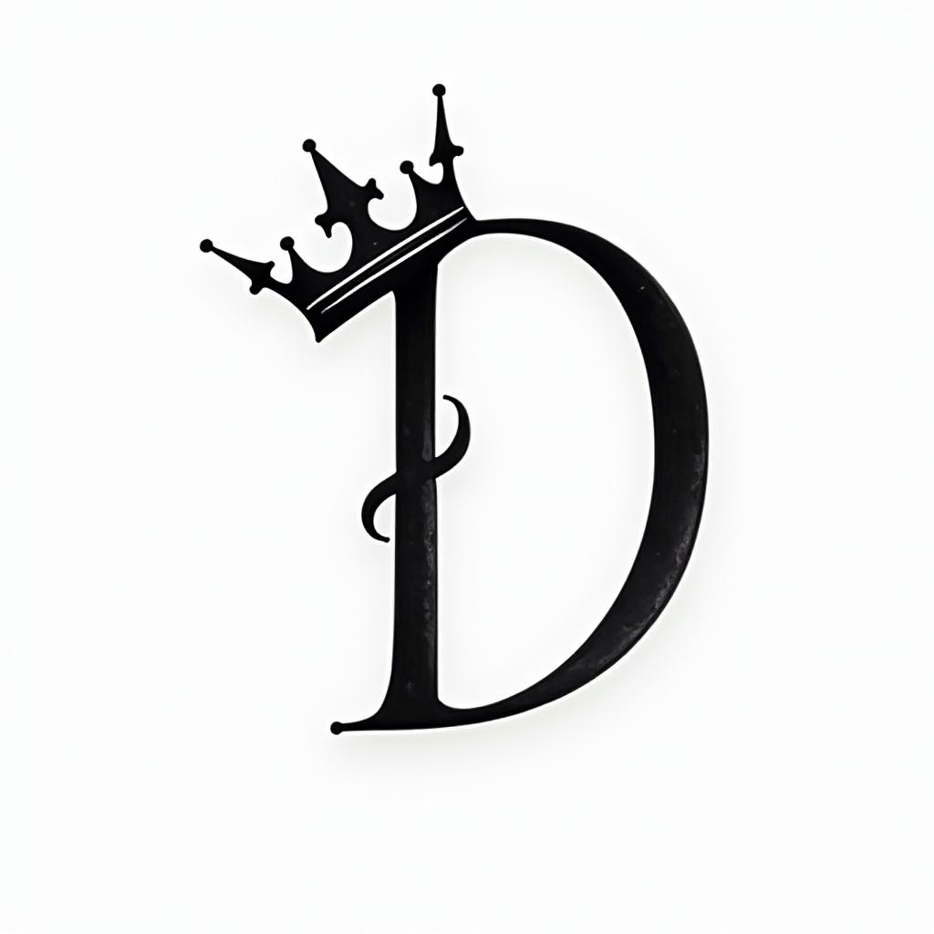 The letter D in fancy cursive with a king crownminimalist text-based tattoo, Monospace font ultra-realistic, perfectly placed, high-quality font design, photo-realistic shading, 8k, high quality, finely detailed typograph