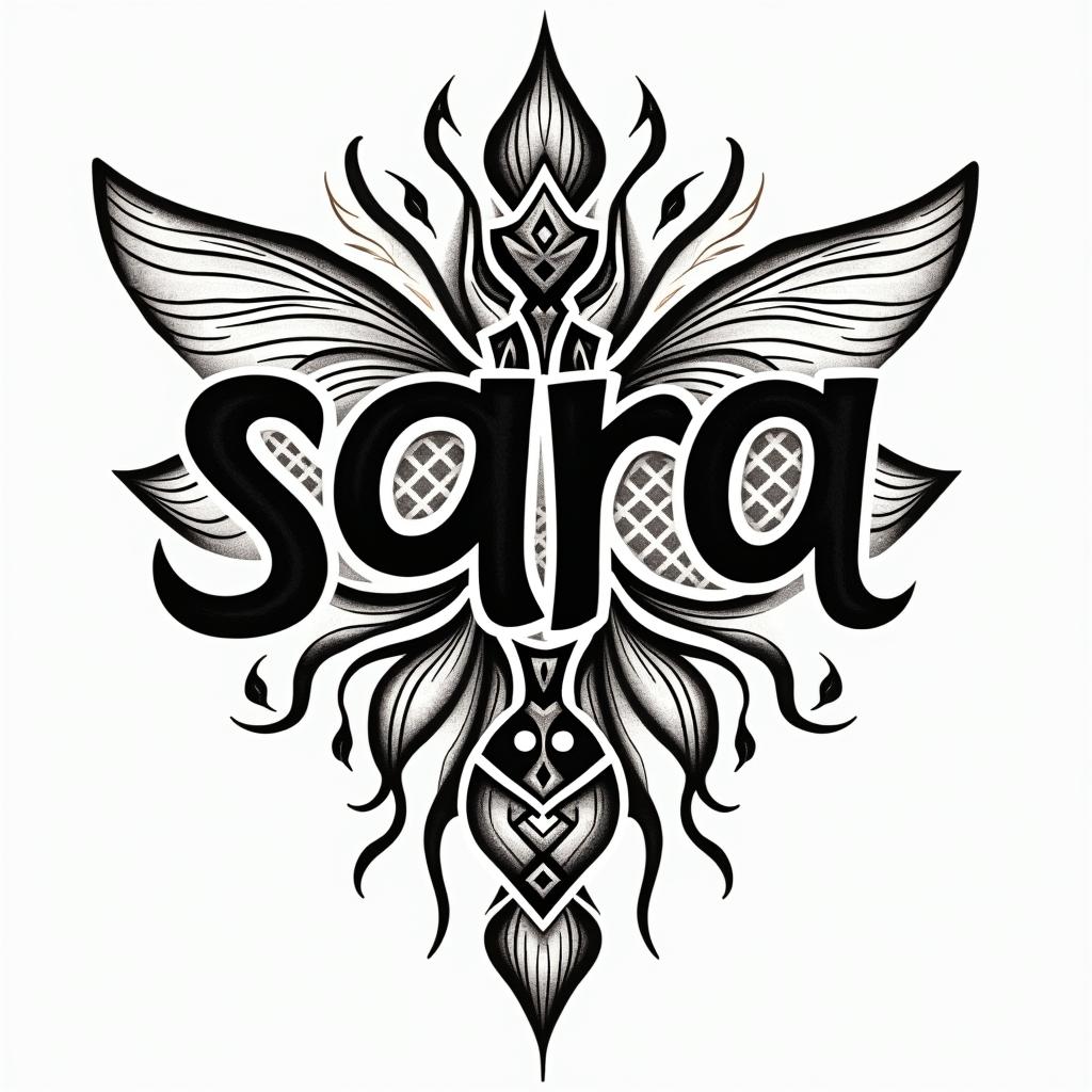 Name SARA with honeybee backgroundin tribal tattoo style, featuring bold and black geometric shapes, curved lines, intertwine and flow seamlessly, creating a powerful and symbolic design, polynesian and maori styles - Variation 3