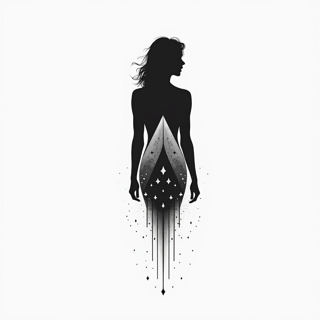 Silhouette of a womanin minimalist style tattoo, featuring simple shapes and fine lines, with minimal shading and details, tiny triangles, creating a sense of balance and harmony - Variation 2