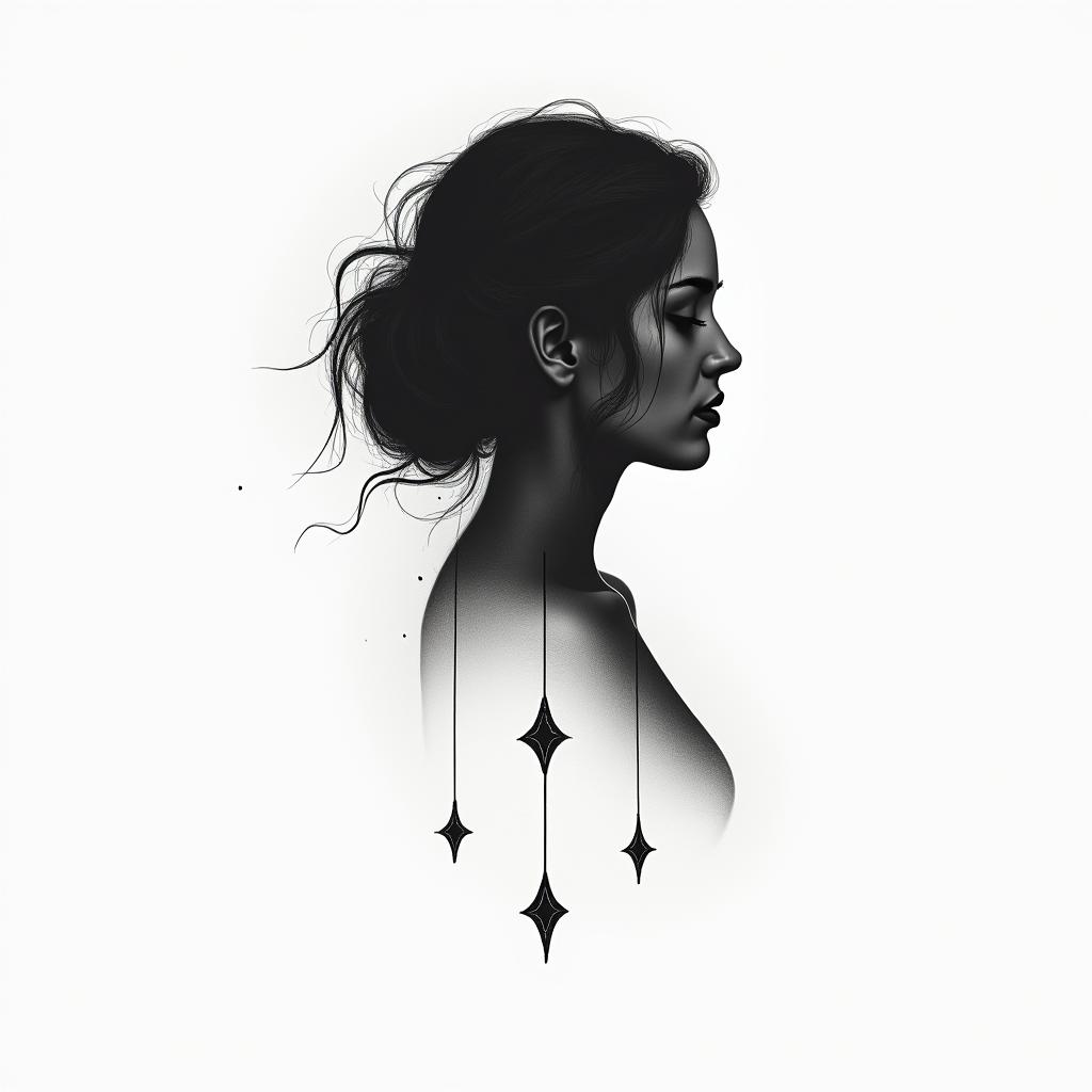 Silhouette of a womanin minimalist style tattoo, featuring simple shapes and fine lines, with minimal shading and details, tiny triangles, creating a sense of balance and harmony - Variation 1