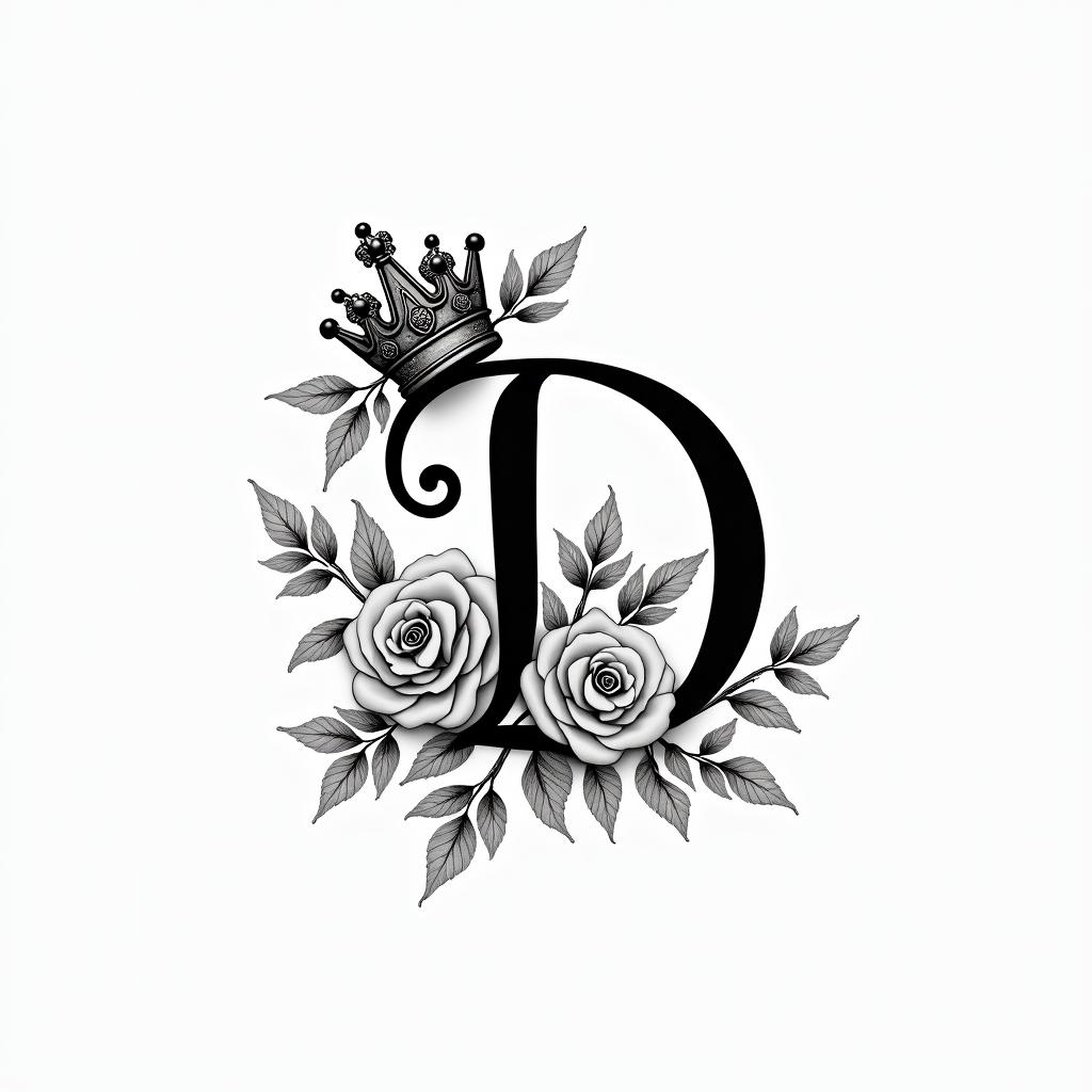 The letter D in fancy cursive with a king crownin elegant cursive calligraphy style 2d tattoo, decorate with roses, featuring a smooth and flowing handwritten script with slightly thickened strokes for a luxurious and bold appearance,  heart symbol between names,  sleek and glossy black text with shadowing, minimalist matte white background, clean and sharp edges, illuminated with soft lighting, romantic, 8k, high-quality textures with refined typography - Variation 7