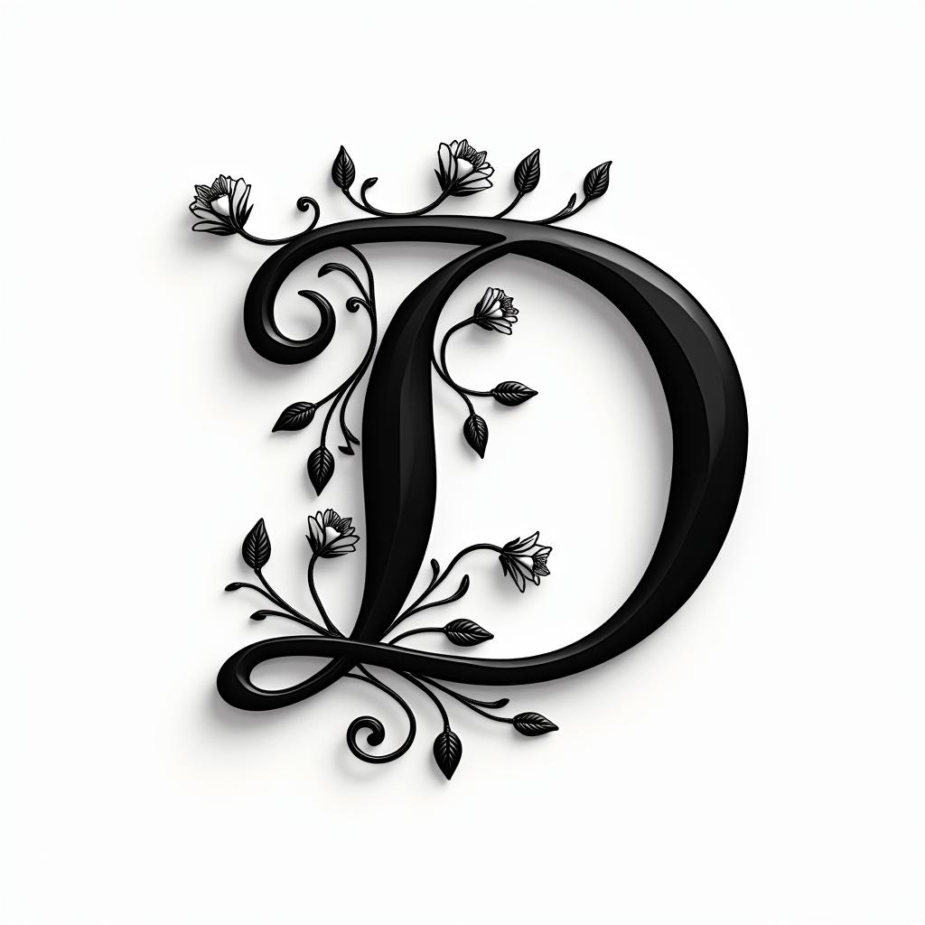 The letter D in fancy cursive with a king crownin elegant cursive calligraphy style 2d tattoo, decorate with roses, featuring a smooth and flowing handwritten script with slightly thickened strokes for a luxurious and bold appearance,  heart symbol between names,  sleek and glossy black text with shadowing, minimalist matte white background, clean and sharp edges, illuminated with soft lighting, romantic, 8k, high-quality textures with refined typography - Variation 5