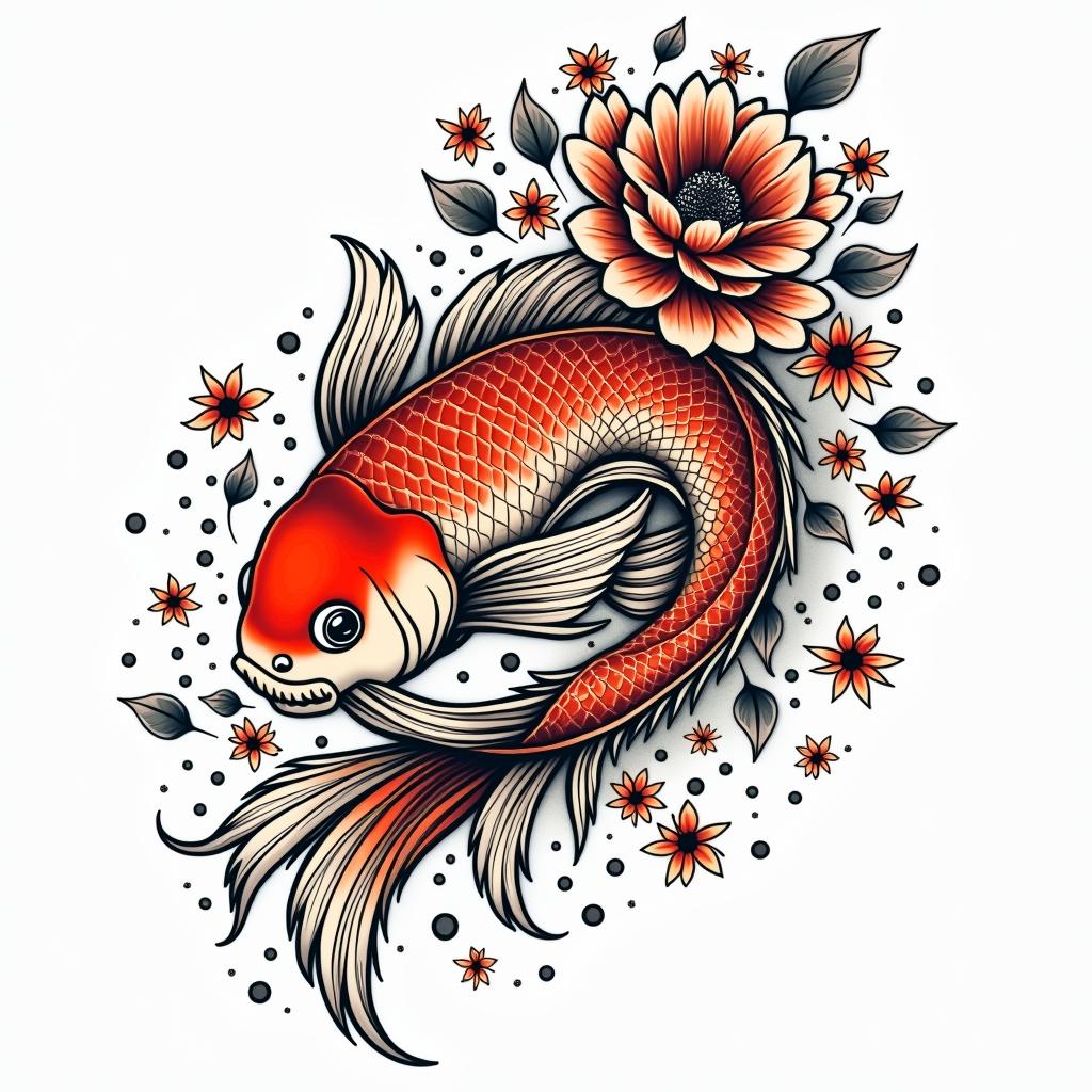 Japanese tattoo style koi fishin pop art style tattoo, featuring bold and vibrant colors, exaggerated outlines, iconic imagery, inspired by comic books and speech bubbles, comic book characters, retro pop culture - Variation 1