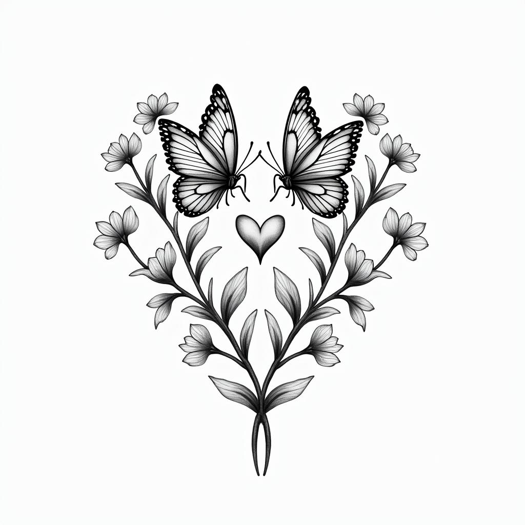 Butterflies with daffodilsin Modest style tattoo, featuring soft, delicate line work with simple and meaningful symbols, gentle waves, a heart, evoking a sense of serenity and grace, - Variation 4