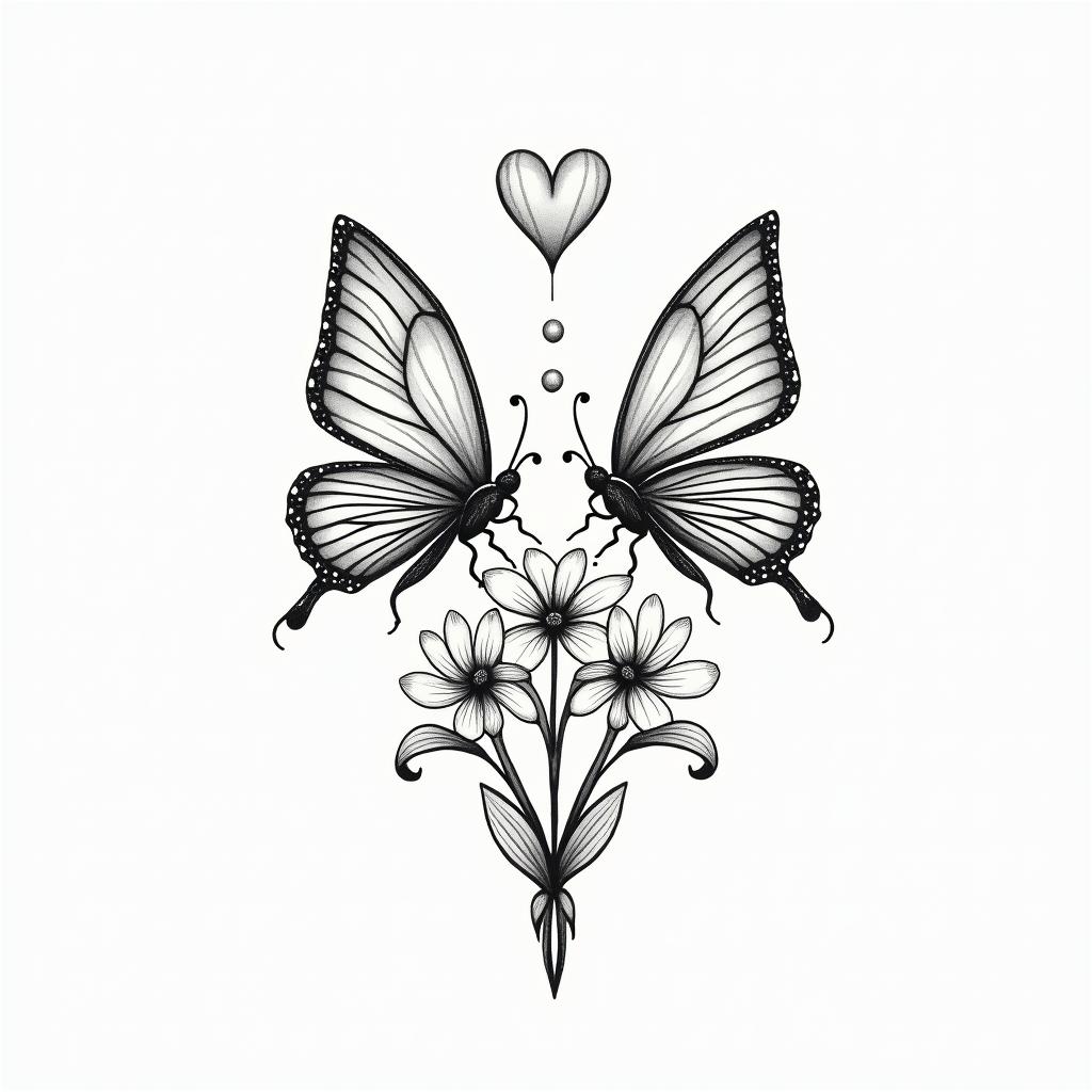 Butterflies with daffodilsin Modest style tattoo, featuring soft, delicate line work with simple and meaningful symbols, gentle waves, a heart, evoking a sense of serenity and grace, - Variation 3
