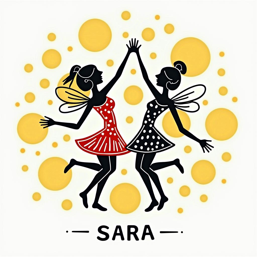 Name SARA with honeybee backgroundabstract dancing figures in Keith Haring style, featuring bold black outlines and solid color fills, figures posed in dynamic and playful dance movements, minimalist design