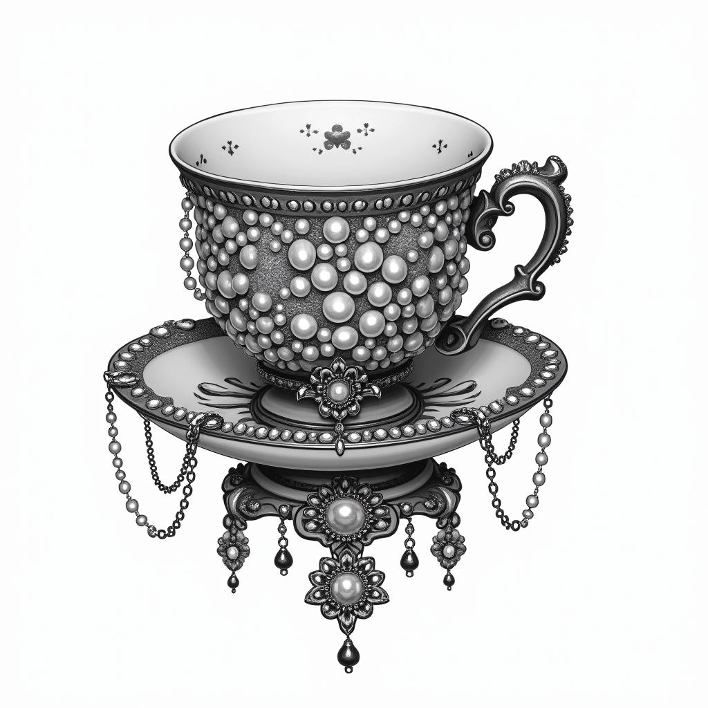 Teacup from the Victorian Renaissance era, heavily draped and adorned in pearls and chains with inlays of jewels and precious gemstones.in bohemian style tattoo, 8k - Variation 4