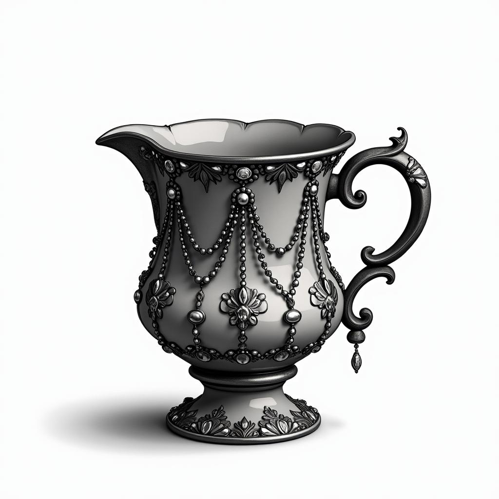 Teacup from the Victorian Renaissance era, heavily draped and adorned in pearls and chains with inlays of jewels and precious gemstones.in bohemian style tattoo, 8k - Variation 1