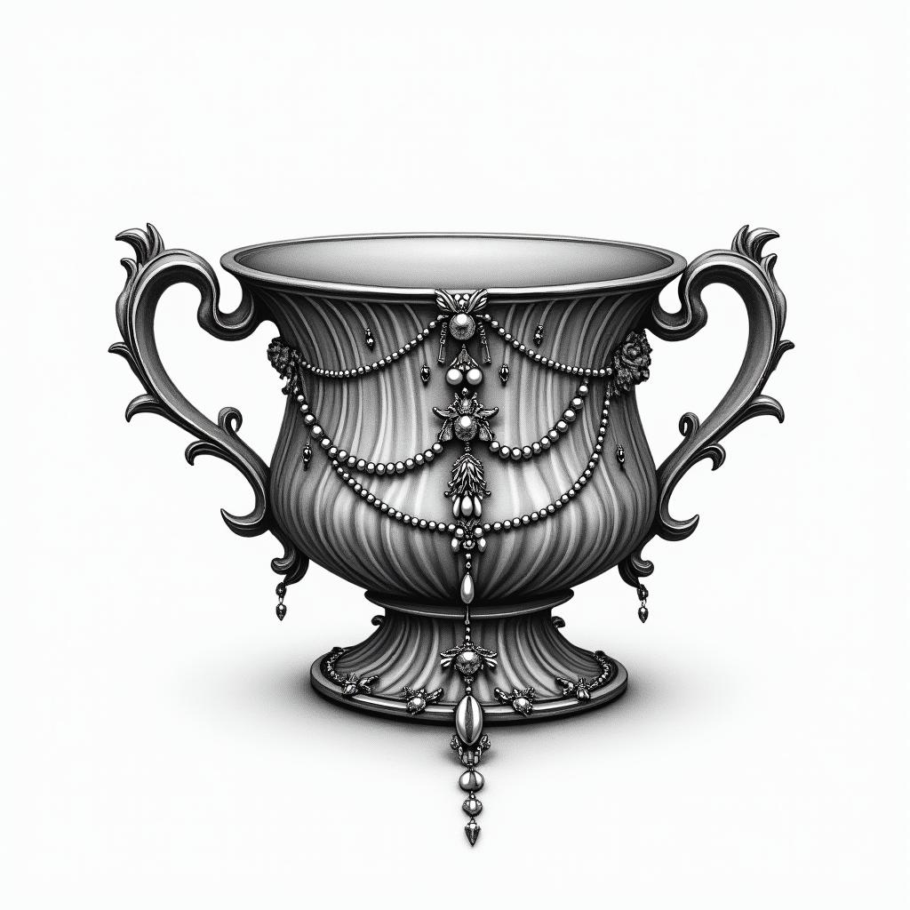 Teacup from the Victorian Renaissance era, heavily draped and adorned in pearls and chains with inlays of jewels and precious gemstones.in bohemian style tattoo, 8k - Variation 2