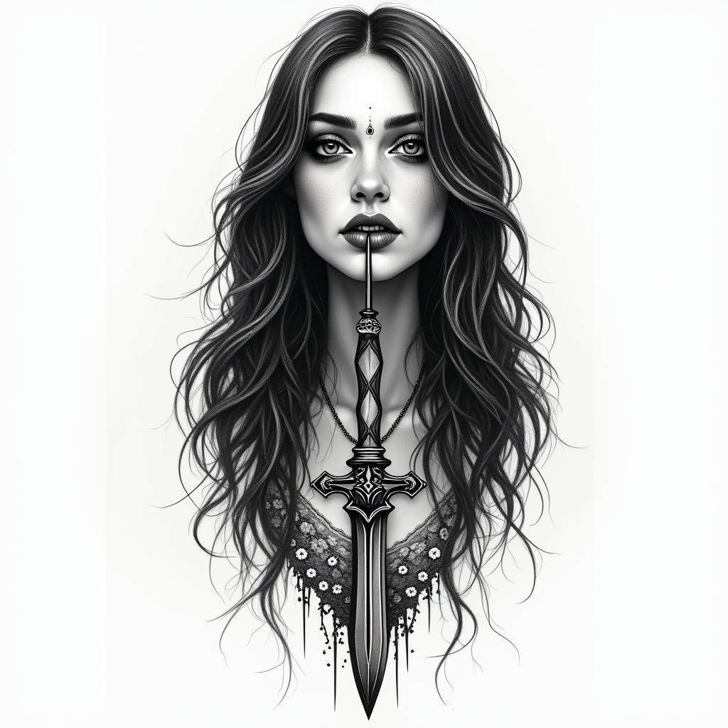 Maria Padilha of the souls, fork, daggerin bohemian style tattoo, 8k - Variation 1