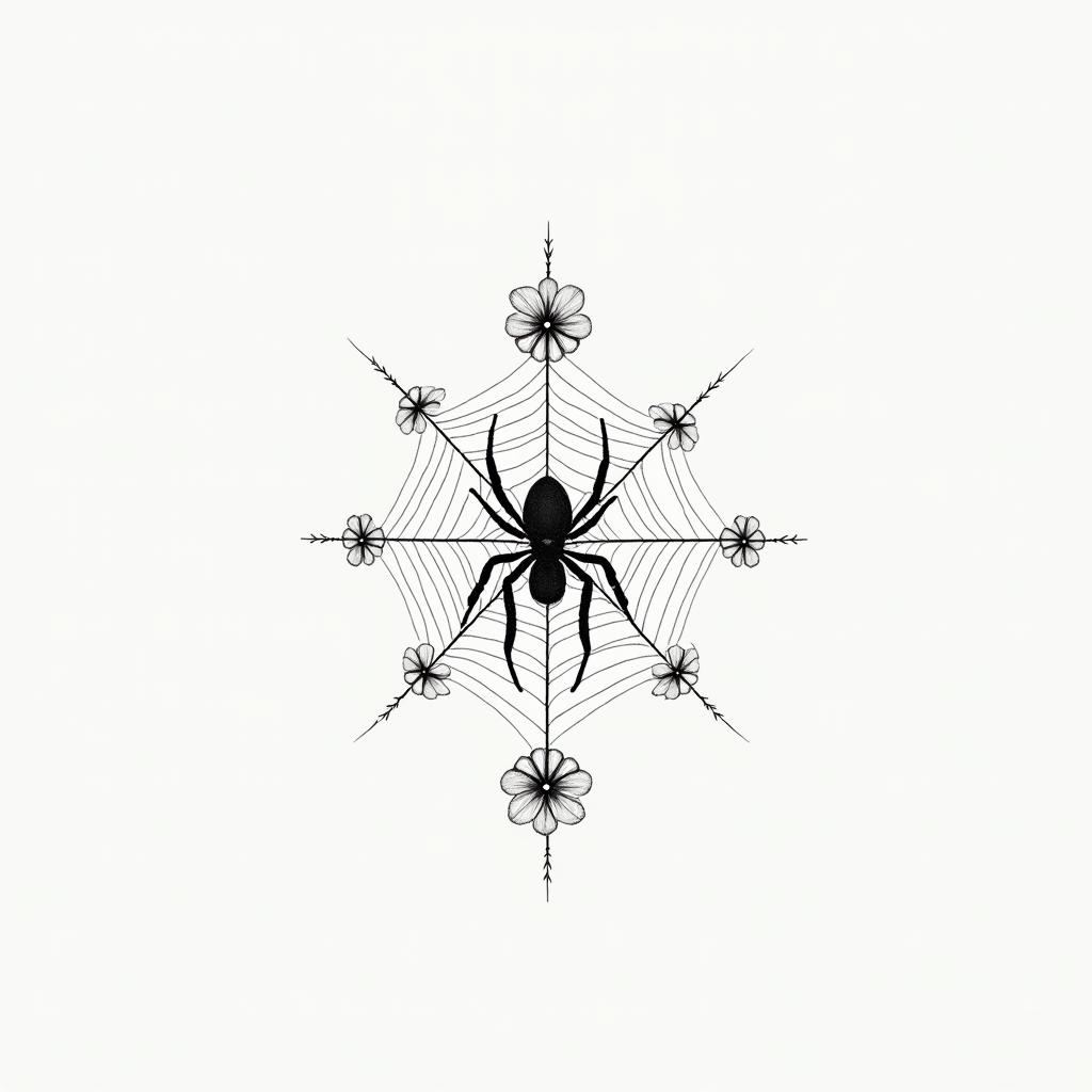 Small spider on web with flowers with stemin minimalist style tattoo, featuring simple shapes and fine lines, with minimal shading and details, tiny triangles, creating a sense of balance and harmony - Variation 8