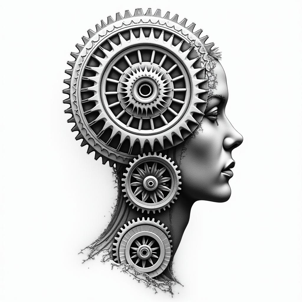 Mechanical gears fused with human anatomy in geometric style tattoo, blending hexagons, mandala-inspired patterns, symmetrical and fractal design, clean lines, sharp angles - Variation 2