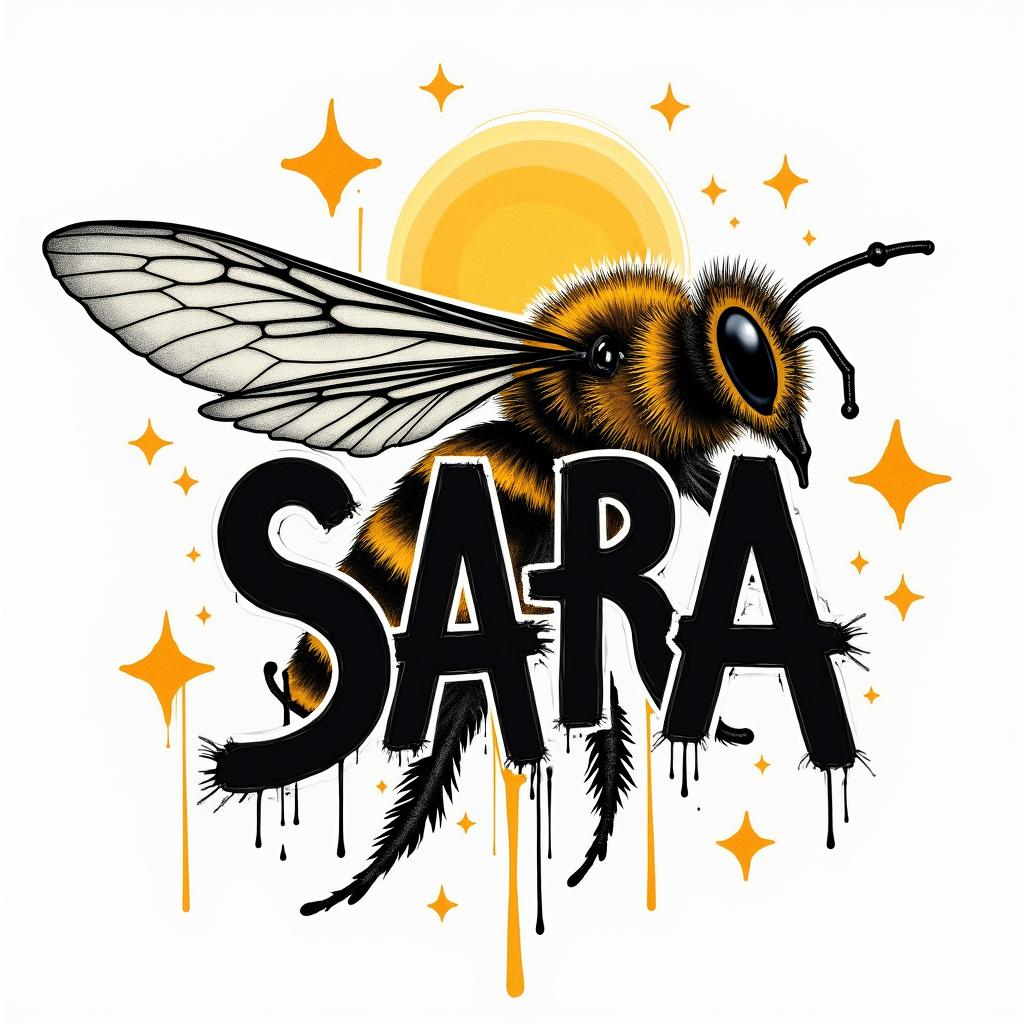 Name SARA with honeybee backgroundin graffiti style tattoo, featuring bold and dynamic street art elements, spray-paint texture with exaggerated lines and expressive, chaotic brushstrokes, intricate lettering incorporated with graffiti tags, symbols like hearts, stars, and wings - Variation 4