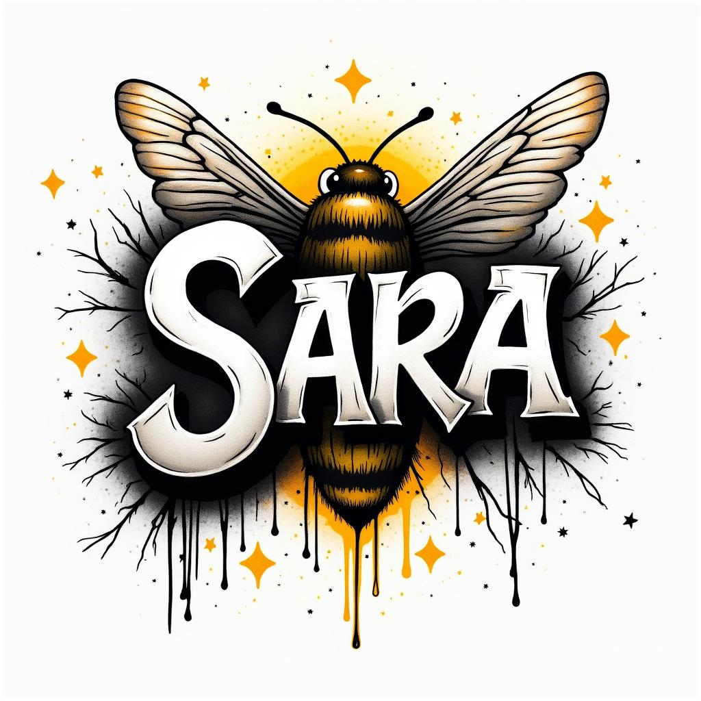 Name SARA with honeybee backgroundin graffiti style tattoo, featuring bold and dynamic street art elements, spray-paint texture with exaggerated lines and expressive, chaotic brushstrokes, intricate lettering incorporated with graffiti tags, symbols like hearts, stars, and wings - Variation 3
