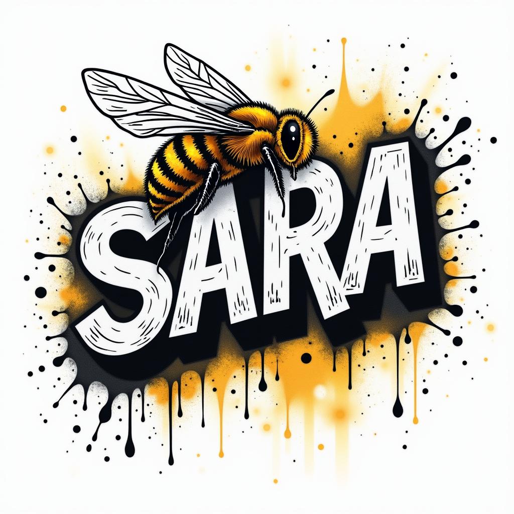 Name SARA with honeybee backgroundin graffiti style tattoo, featuring bold and dynamic street art elements, spray-paint texture with exaggerated lines and expressive, chaotic brushstrokes, intricate lettering incorporated with graffiti tags, symbols like hearts, stars, and wings - Variation 2