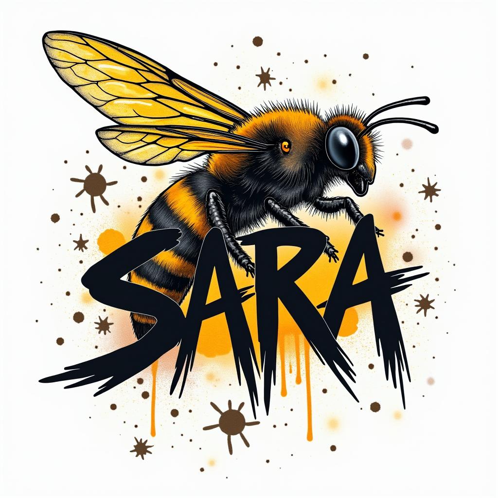 Name SARA with honeybee backgroundin graffiti style tattoo, featuring bold and dynamic street art elements, spray-paint texture with exaggerated lines and expressive, chaotic brushstrokes, intricate lettering incorporated with graffiti tags, symbols like hearts, stars, and wings