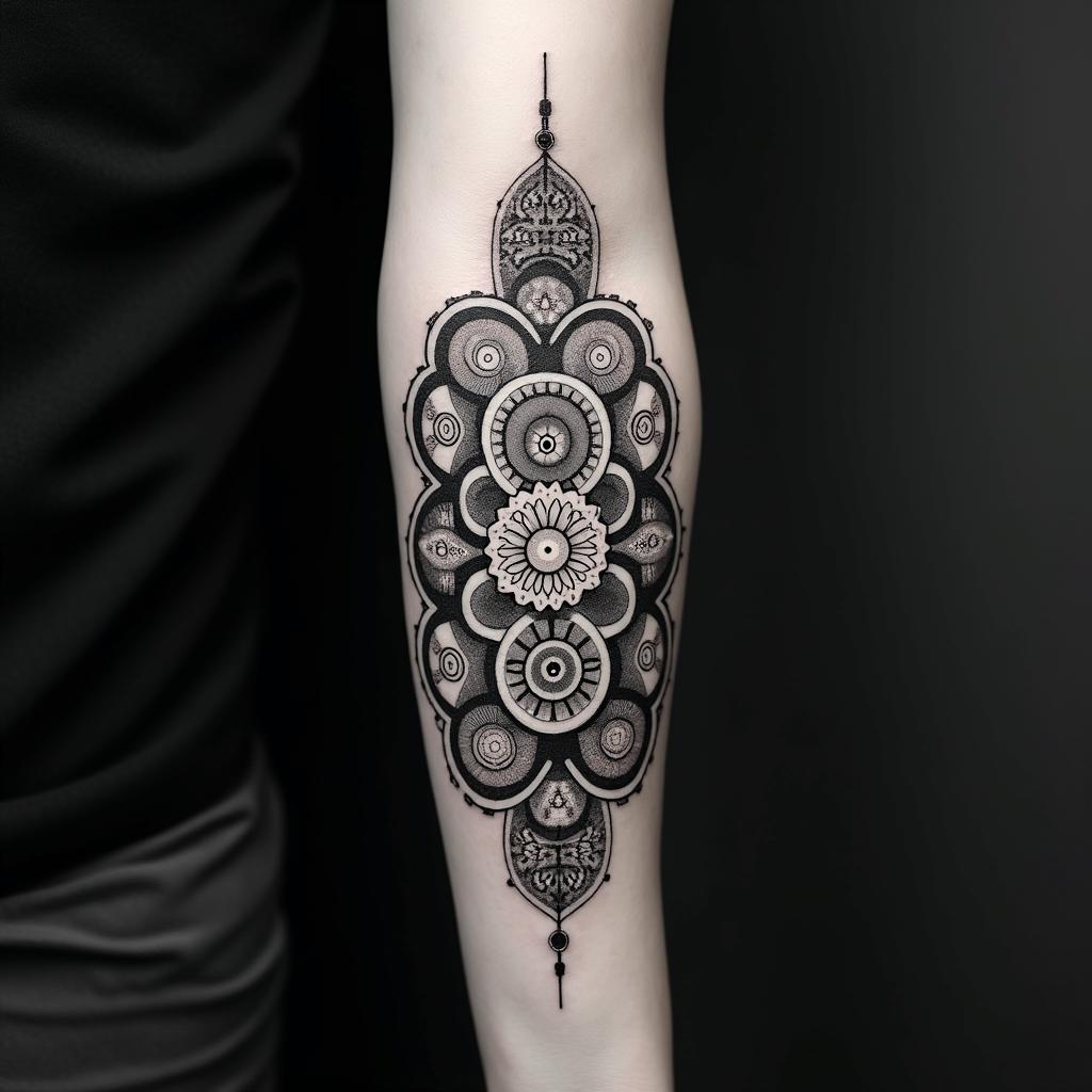 Mechanical gears fused with human anatomy in geometric style tattoo, blending hexagons, mandala-inspired patterns, symmetrical and fractal design, clean lines, sharp angles - Variation 1