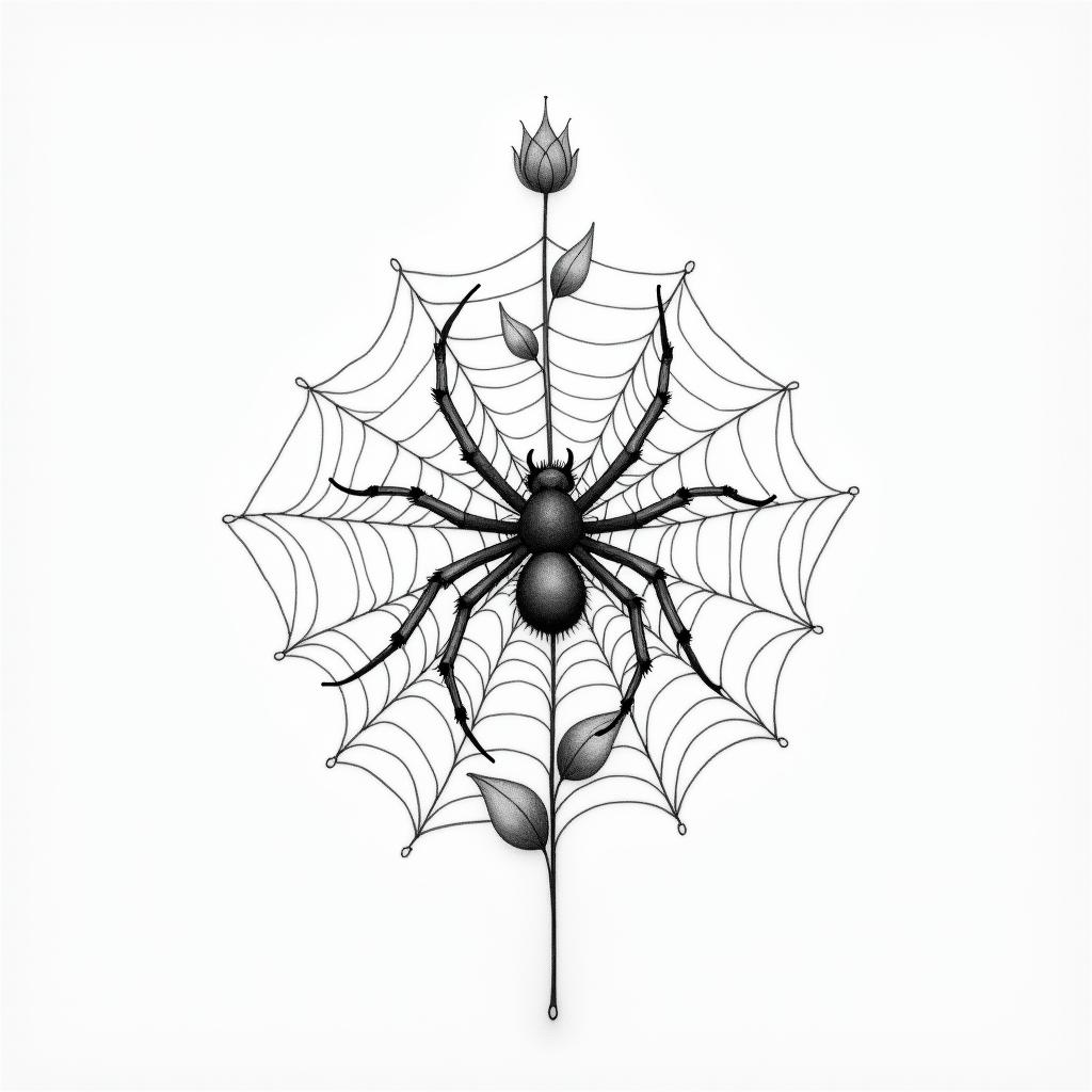 Small spider on web with flowers with stemin minimalist style tattoo, featuring simple shapes and fine lines, with minimal shading and details, tiny triangles, creating a sense of balance and harmony - Variation 4