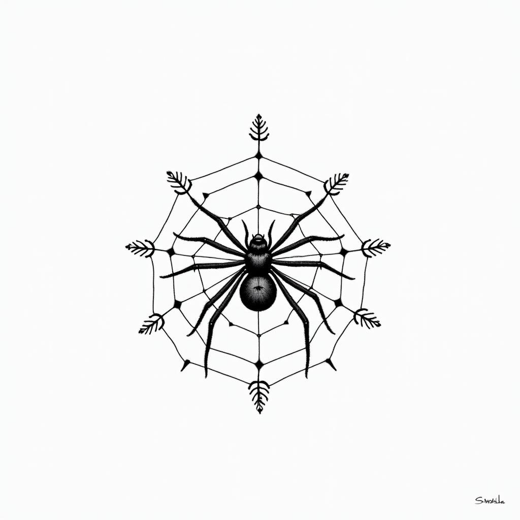 Small spider on web with flowers with stemin minimalist style tattoo, featuring simple shapes and fine lines, with minimal shading and details, tiny triangles, creating a sense of balance and harmony - Variation 3