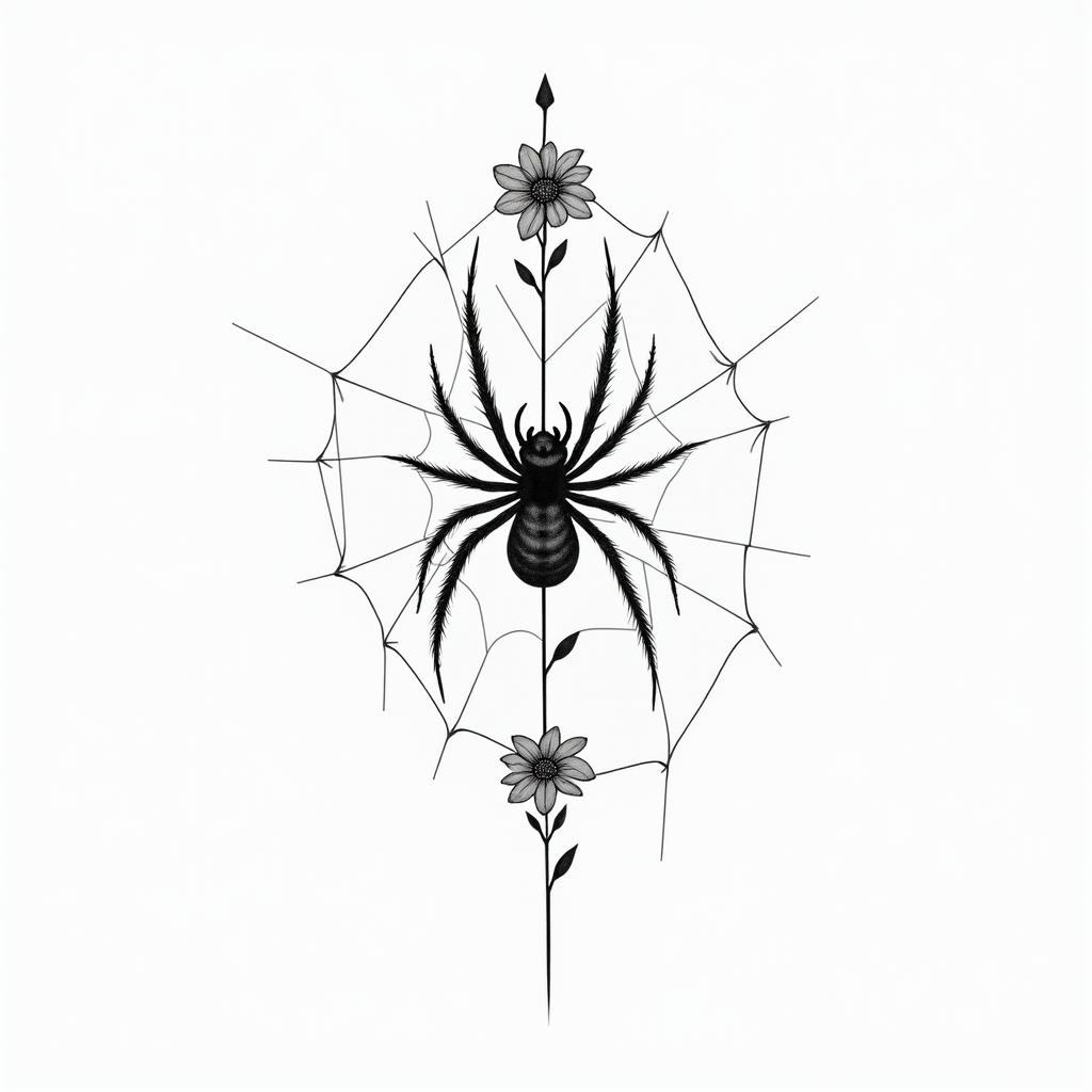 Small spider on web with flowers with stemin minimalist style tattoo, featuring simple shapes and fine lines, with minimal shading and details, tiny triangles, creating a sense of balance and harmony - Variation 2
