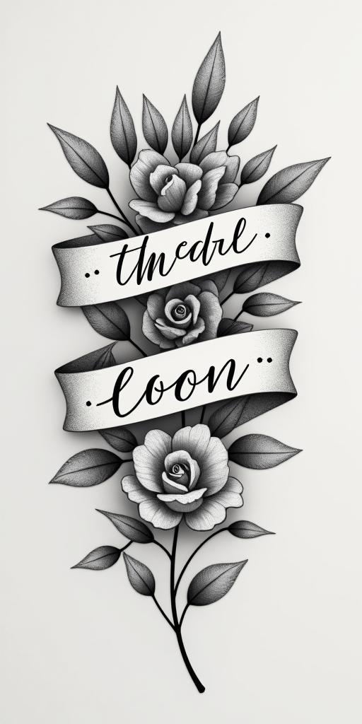 24_28_21in elegant cursive calligraphy style 2d tattoo, decorate with roses, featuring a smooth and flowing handwritten script with slightly thickened strokes for a luxurious and bold appearance,  heart symbol between names,  sleek and glossy black text with shadowing, minimalist matte white background, clean and sharp edges, illuminated with soft lighting, romantic, 8k, high-quality textures with refined typography - Variation 3