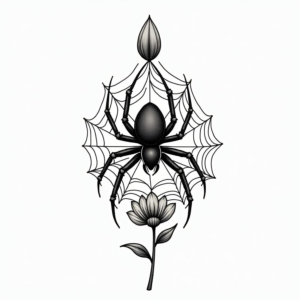 Small spider on web with flowers with stemin authentic tattoo style, incorporating traditional modifications, bold black outlines, solid color fills, featuring classic authentic elements - Variation 9