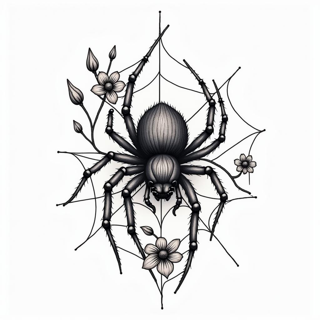 Small spider on web with flowers with stemin authentic tattoo style, incorporating traditional modifications, bold black outlines, solid color fills, featuring classic authentic elements - Variation 10