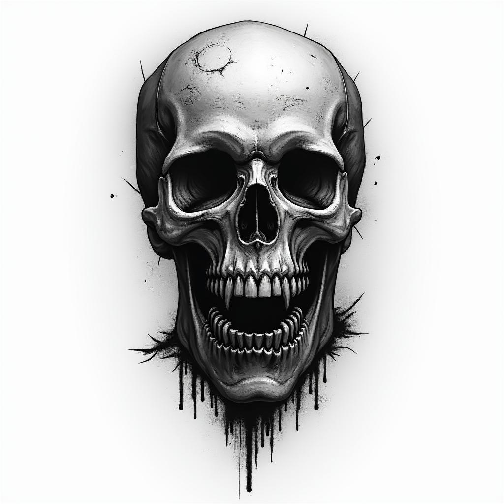 Shawn taurus chicago in horror tattoo style, showcasing haunting and unsettling, dark and gritty textures with skulls, eerie faces, jgged designs, bold and intense shading