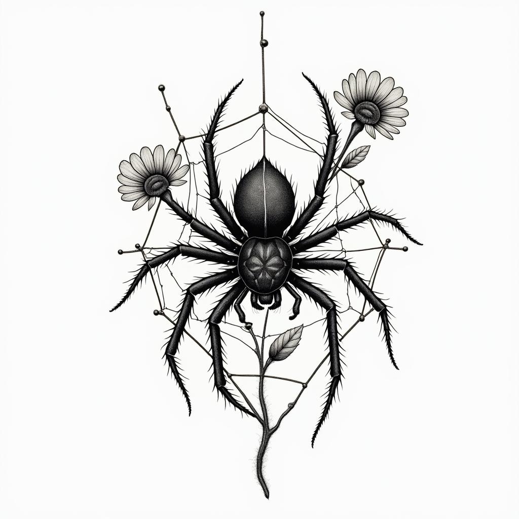 Small spider on web with flowers with stemin authentic tattoo style, incorporating traditional modifications, bold black outlines, solid color fills, featuring classic authentic elements - Variation 11