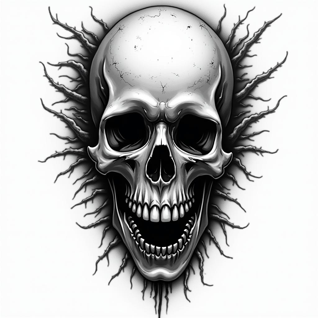 Shawn taurus chicago in horror tattoo style, showcasing haunting and unsettling, dark and gritty textures with skulls, eerie faces, jgged designs, bold and intense shading - Variation 2