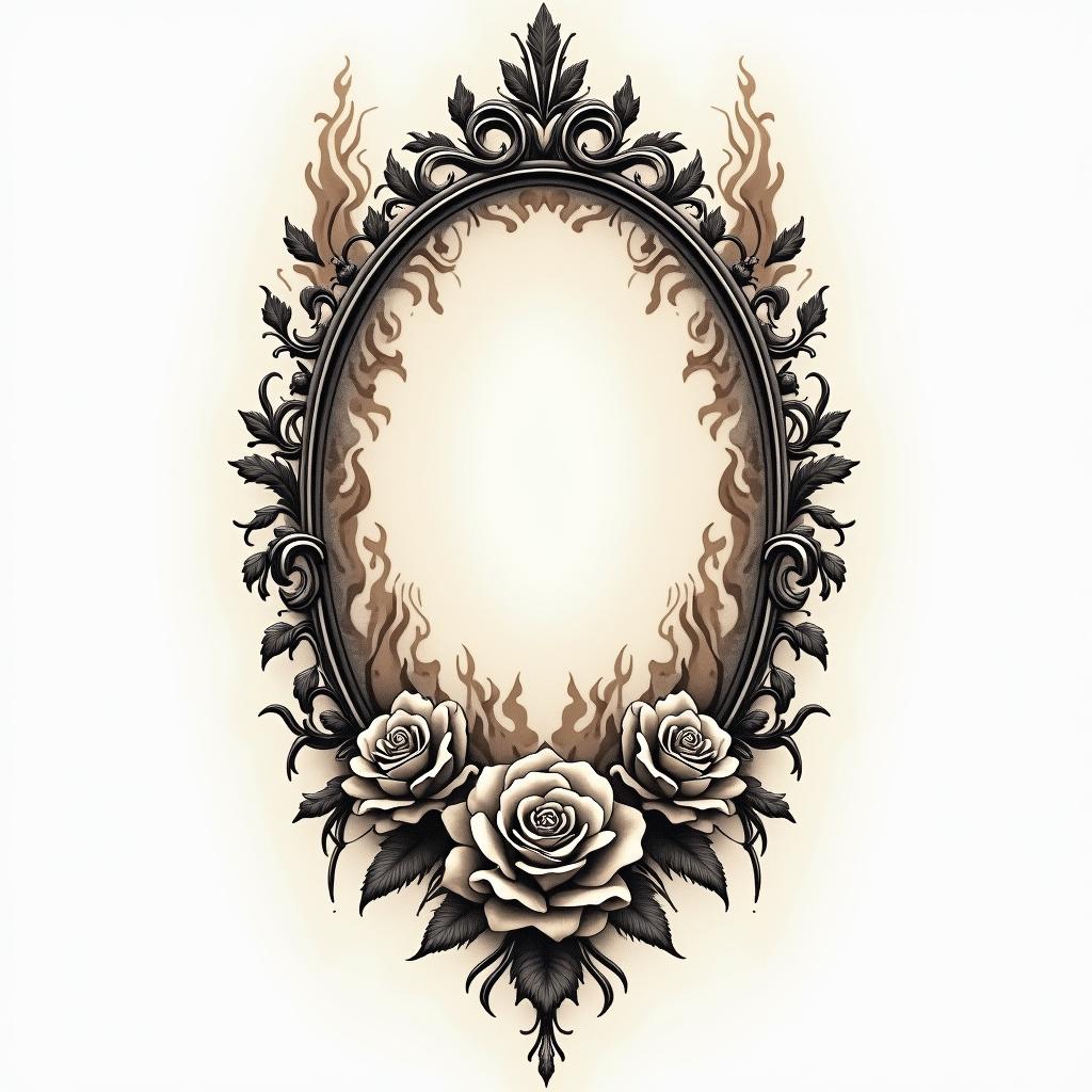 Flame backgroundin victorian style tattoo, featuring vintage and elegant elements, ornate frames, roses, antique, sepia-toned color scheme - Variation 4