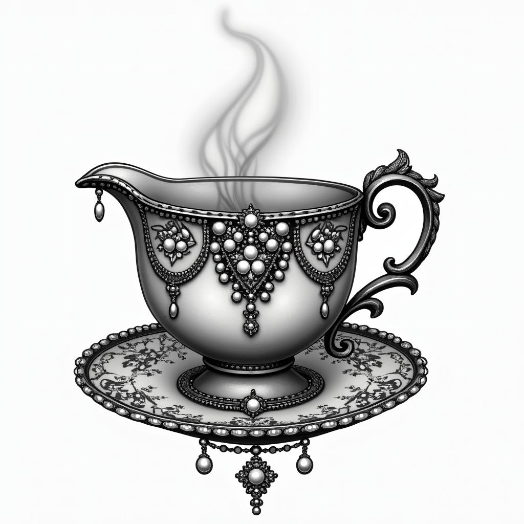 Teacup from the Victorian Renaissance era, heavily draped and adorned in pearls and chains with inlays of jewels and precious gemstones.higly detailed tattoo - Variation 1
