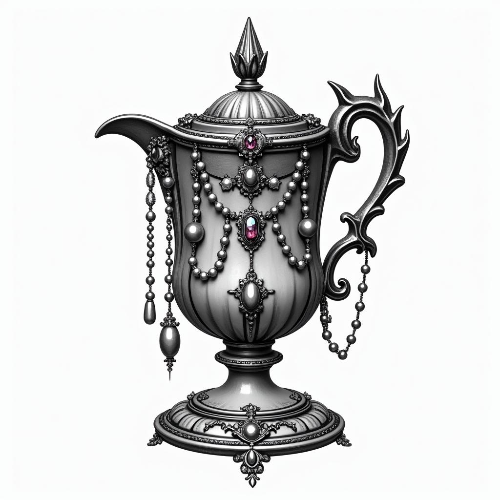 Teacup from the Victorian Renaissance era, heavily draped and adorned in pearls and chains with inlays of jewels and precious gemstones.higly detailed tattoo - Variation 2