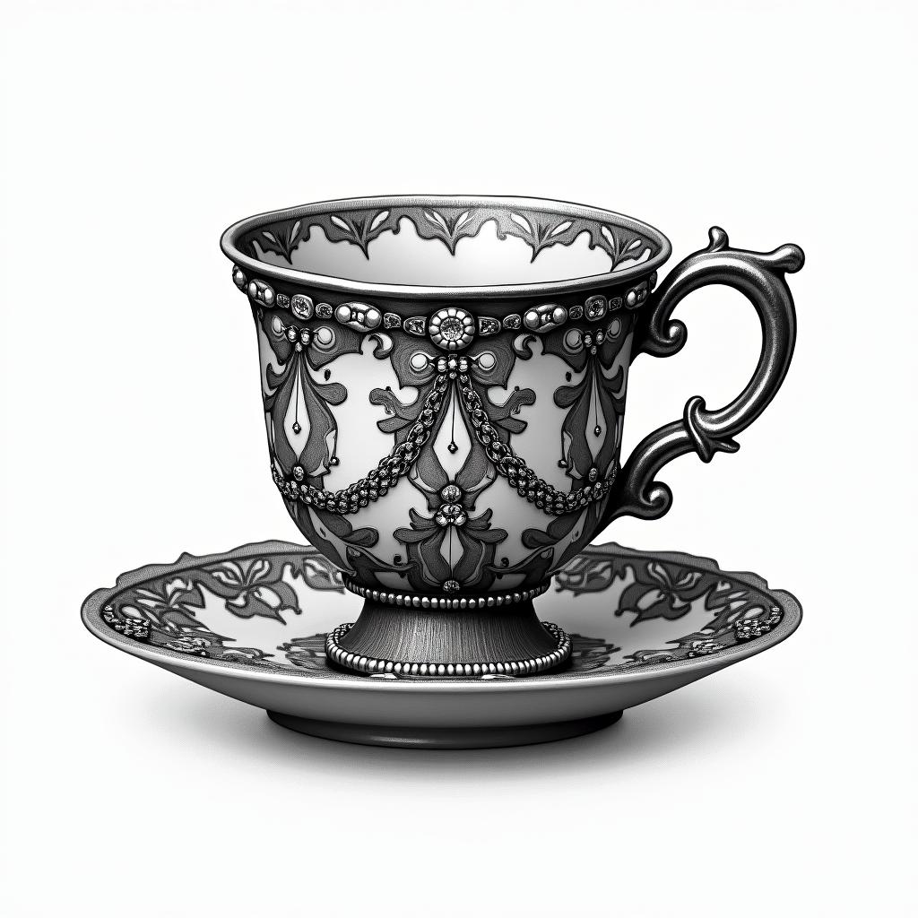 Teacup from the Victorian Renaissance era, heavily draped and adorned in pearls and chains with inlays of jewels and precious gemstones.higly detailed tattoo - Variation 4