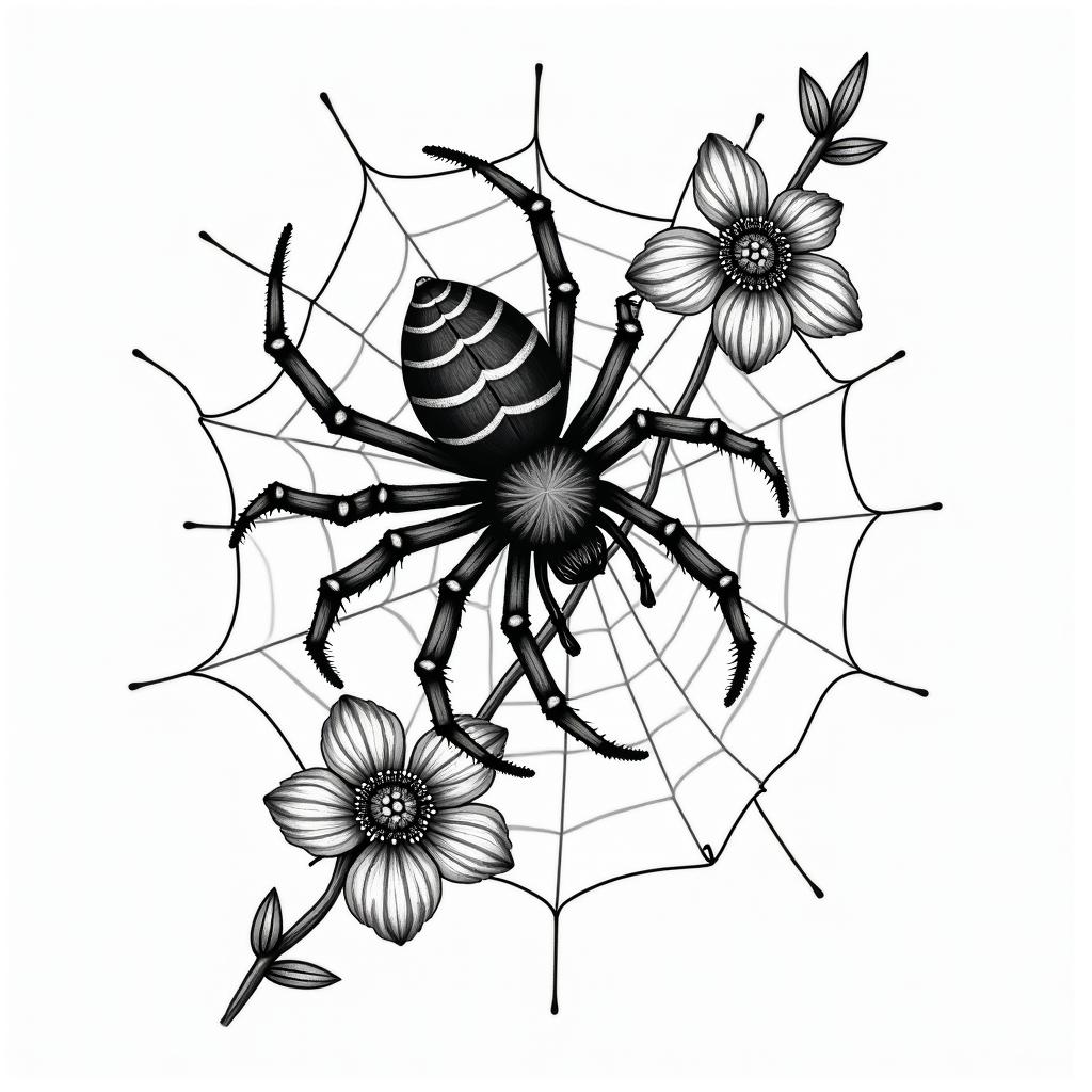 Small spider on web with flowers with stemin authentic tattoo style, incorporating traditional modifications, bold black outlines, solid color fills, featuring classic authentic elements - Variation 5