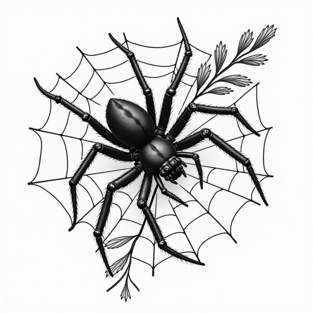 Small spider on web with flowers with stemin authentic tattoo style, incorporating traditional modifications, bold black outlines, solid color fills, featuring classic authentic elements - Variation 8
