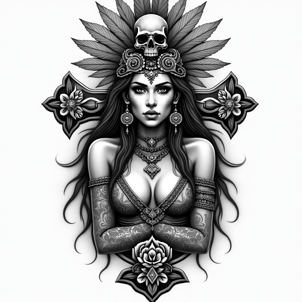 Aztec warrior princessin chicano style tattoo, featuring intricate black and grey shading, bold elements of traditional chicano culture symbols, add a big cross with skull, chains and roses - Variation 2