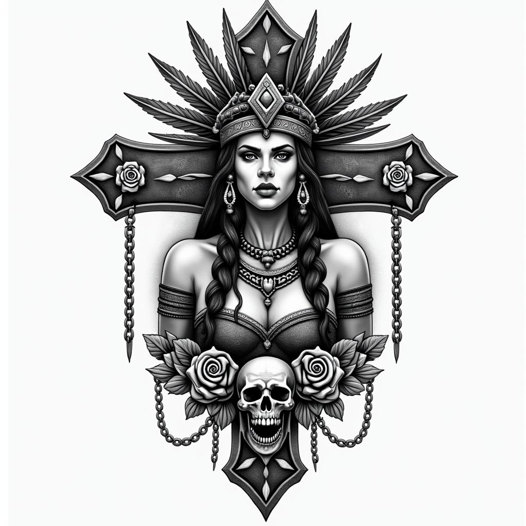 Aztec warrior princessin chicano style tattoo, featuring intricate black and grey shading, bold elements of traditional chicano culture symbols, add a big cross with skull, chains and roses - Variation 1