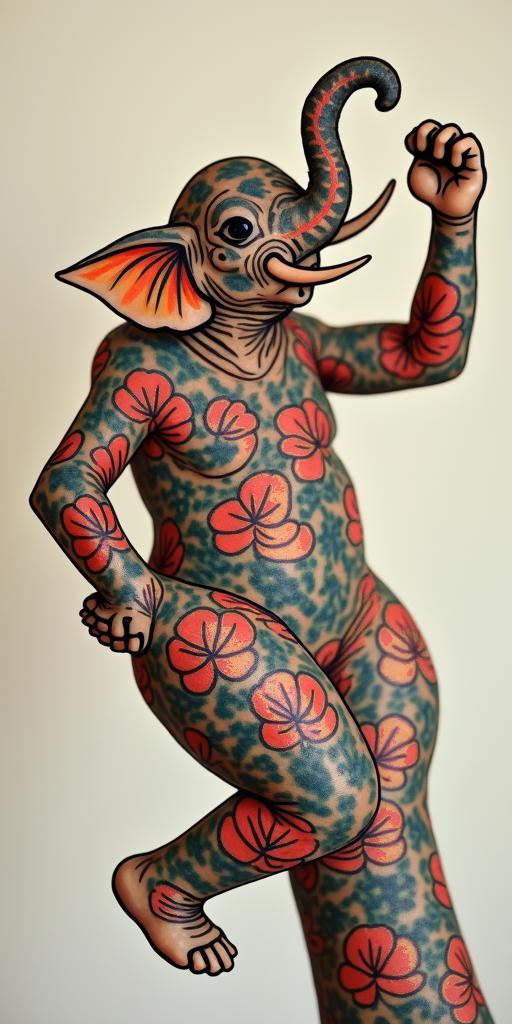 Combination of an elephant and a turtleabstract dancing figures in Keith Haring style, featuring bold black outlines and solid color fills, figures posed in dynamic and playful dance movements, minimalist design - Variation 4