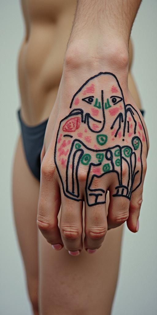 Combination of an elephant and a turtleabstract dancing figures in Keith Haring style, featuring bold black outlines and solid color fills, figures posed in dynamic and playful dance movements, minimalist design