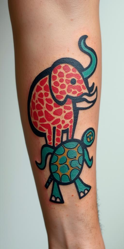 Combination of an elephant and a turtleabstract dancing figures in Keith Haring style, featuring bold black outlines and solid color fills, figures posed in dynamic and playful dance movements, minimalist design - Variation 3