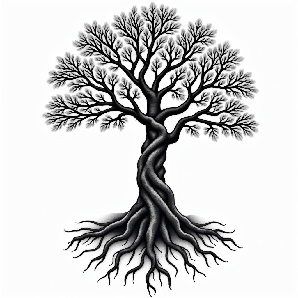 Tree of life with roots and branchesin authentic tattoo style, incorporating traditional modifications, bold black outlines, solid color fills, featuring classic authentic elements - Variation 5