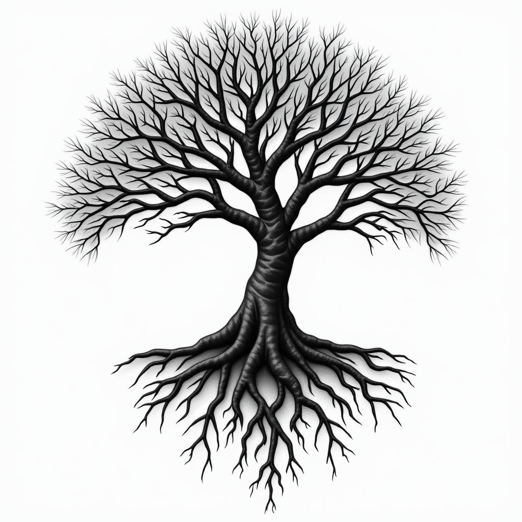 Tree of life with roots and branchesin authentic tattoo style, incorporating traditional modifications, bold black outlines, solid color fills, featuring classic authentic elements - Variation 6