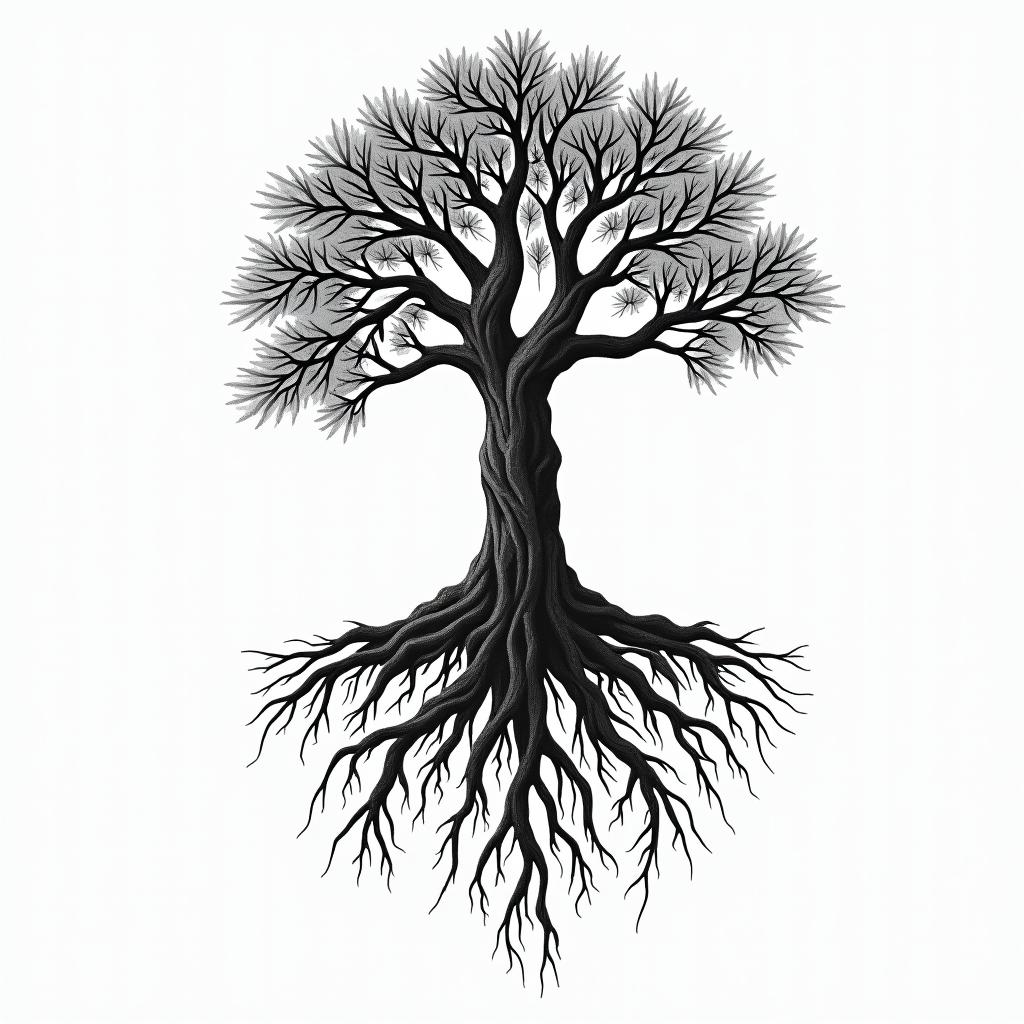 Tree of life with roots and branchesin authentic tattoo style, incorporating traditional modifications, bold black outlines, solid color fills, featuring classic authentic elements - Variation 8