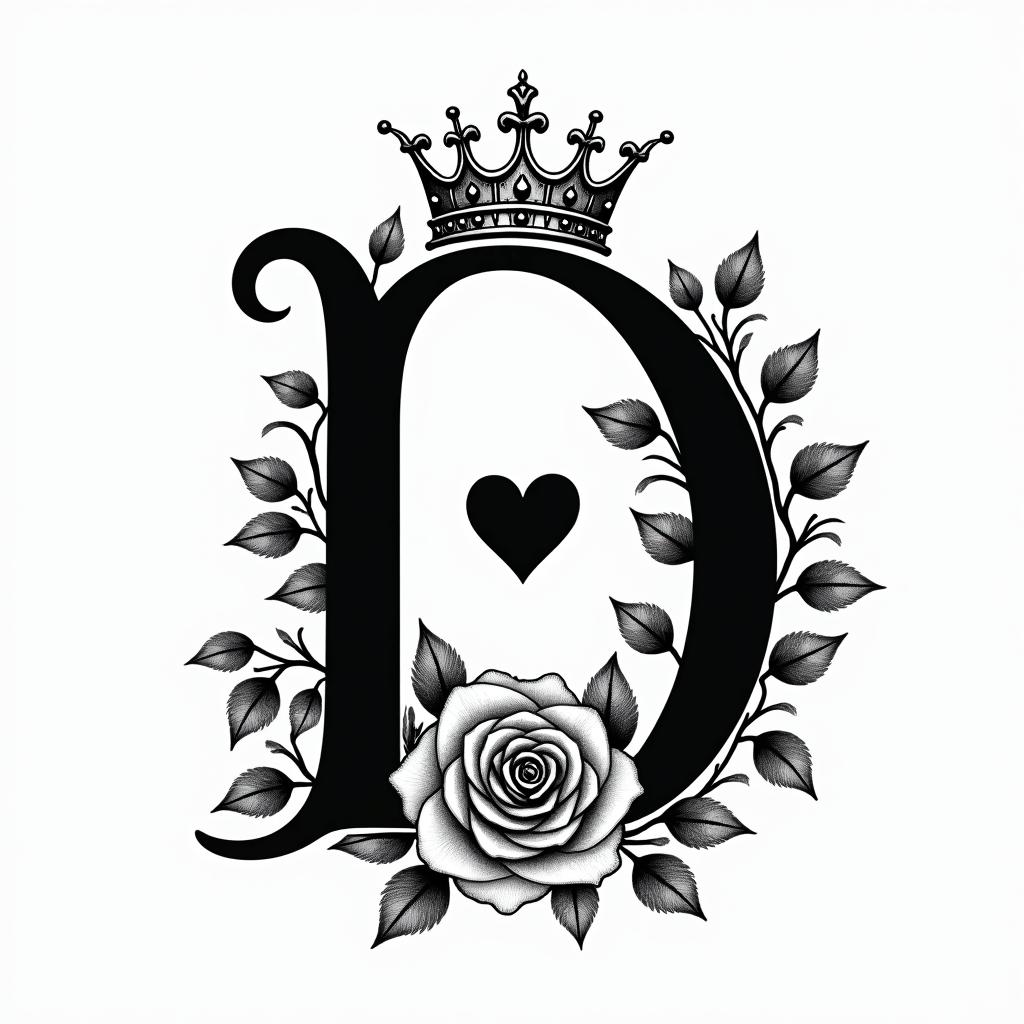 The letter D in fancy cursive with a king crownin elegant cursive calligraphy style 2d tattoo, decorate with roses, featuring a smooth and flowing handwritten script with slightly thickened strokes for a luxurious and bold appearance,  heart symbol between names,  sleek and glossy black text with shadowing, minimalist matte white background, clean and sharp edges, illuminated with soft lighting, romantic, 8k, high-quality textures with refined typography - Variation 2