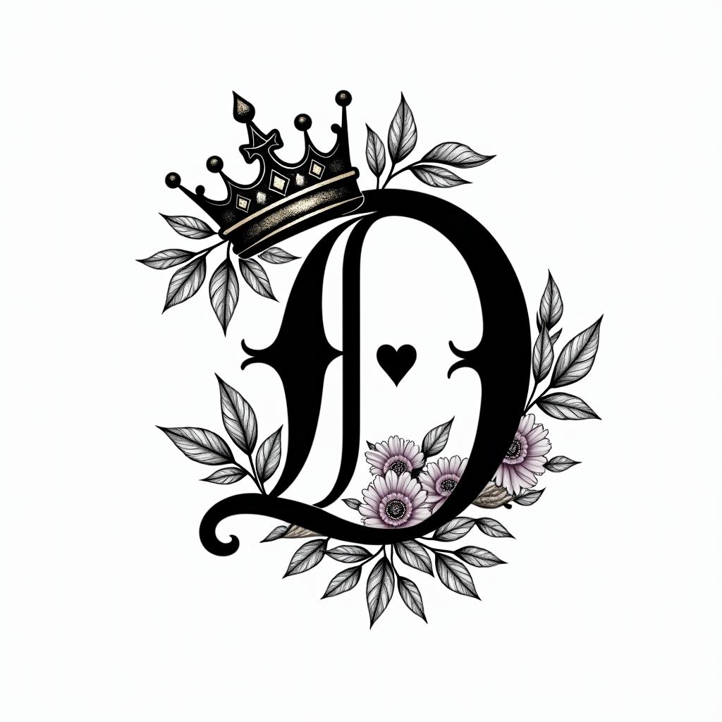 The letter D in fancy cursive with a king crownin elegant cursive calligraphy style 2d tattoo, decorate with roses, featuring a smooth and flowing handwritten script with slightly thickened strokes for a luxurious and bold appearance,  heart symbol between names,  sleek and glossy black text with shadowing, minimalist matte white background, clean and sharp edges, illuminated with soft lighting, romantic, 8k, high-quality textures with refined typography - Variation 3